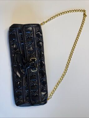 Isabella Fiore Black Quilted Patent Clutch with Gold Chain